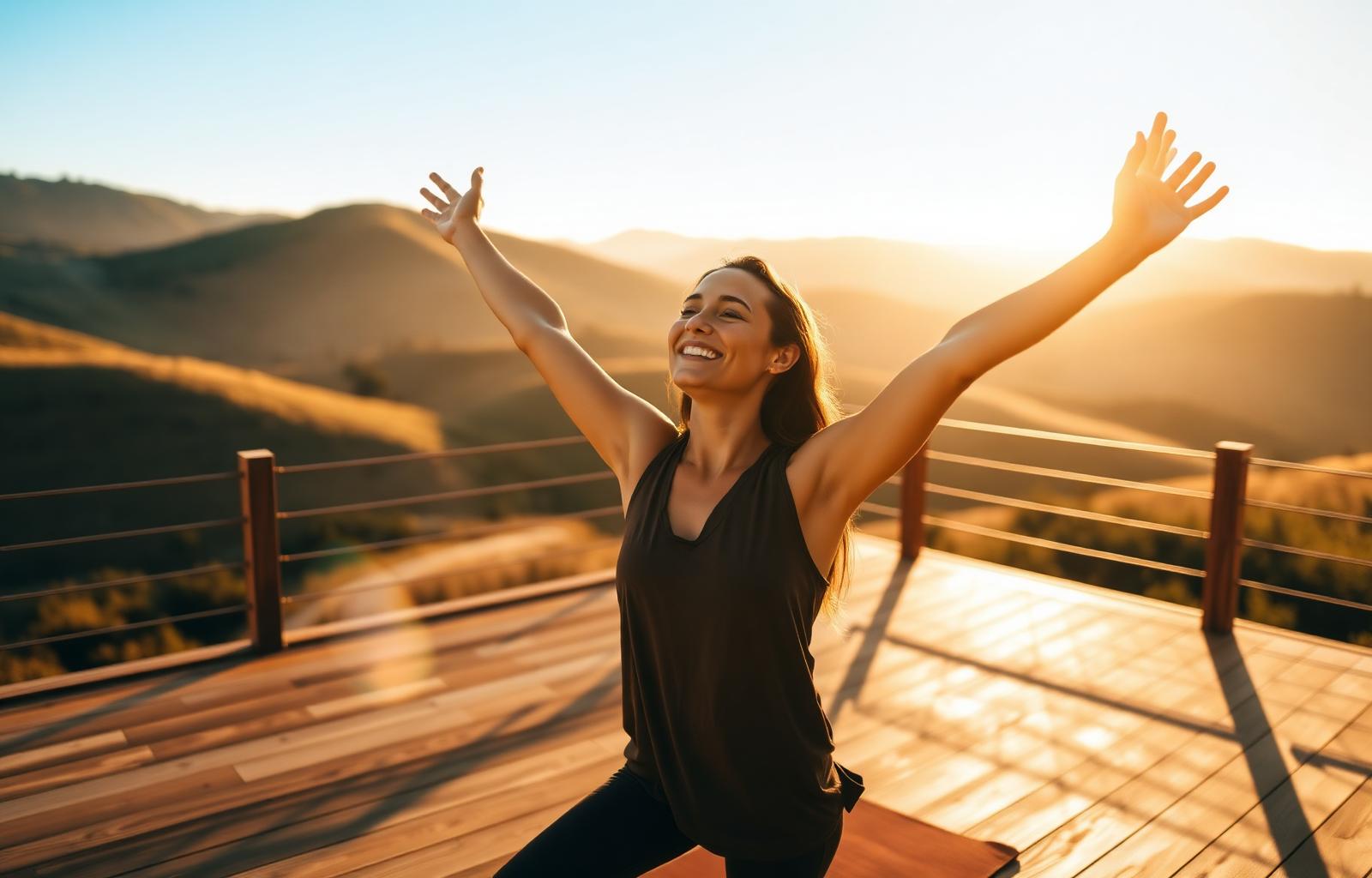 Woman stretching at sunrise on a terrace