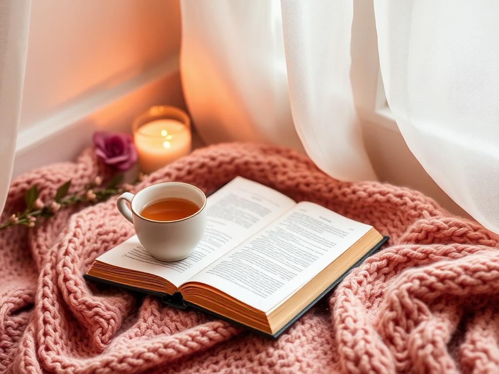 Tea and book in a cozy reading nook